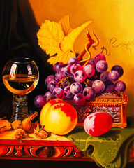 oil painting, autumn still life: wine in a glass, grapes, fruits, autumn leaves