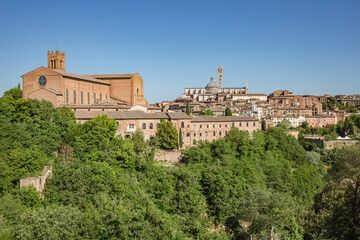 Fototapeta na wymiar Panoramic view of Siena, the Dome and Bell Tower of Siena Cathedral (Duomo di Siena), ancient houses.