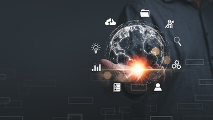 Connection to the world network.  Big data analytics and business intelligence. Global business point and line composition concept on a world map. The Metaverse technology of digital links.