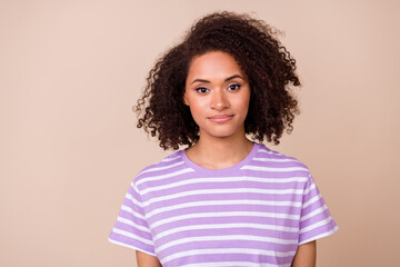 Closeup photo of young pretty gorgeous nice woman wear striped t-shirt positive recruiter worker...