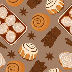 Cinnamon roll bun seamless pattern cartoon vector. Food baked in flat style. Bread bakery concept