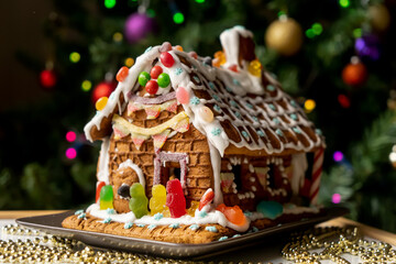 Homemade gingerbread house decorated with icing, sweets , and jelly candies with blurred Christmas tree on background.