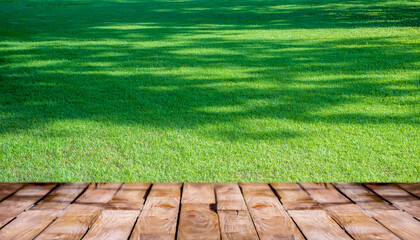 Beautiful  wooden floor and green lawn nature background, agriculture product standing showcase...