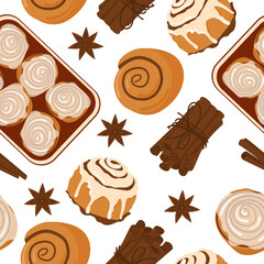 Cinnamon roll bun seamless pattern cartoon vector. Food baked in flat style. Bread bakery concept