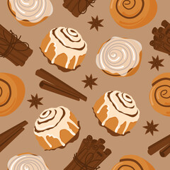 Cinnamon roll bun seamless pattern cartoon vector. Food baked in flat style. Bread bakery concept