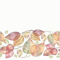 Autumn leaves watercolor hand drawn set. Transparent autumn foliage seamless pattern. Branch with leaves logo design template.