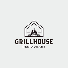 Grill restaurant logo and grill logo design with fork and fire