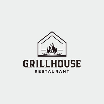 Grill restaurant logo and grill logo design with fork and fire