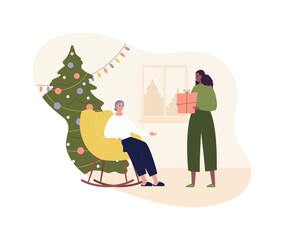 Christmas and new year celebration concept. Vector flat design character illustration. African female give gift box to elder woman sitting in rocking chair. Decorated fir tree on indoor background