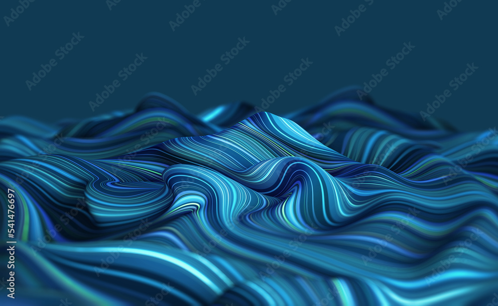 Leinwandbilder Sea wave emotion. Fluid waviness of a soft surface. 3D illustration of a field of strings twisted in an abstract pattern