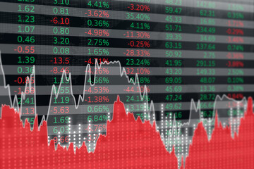 Black, red, gray and green finance background with columns, lines, numbers. 3D render, soft focus