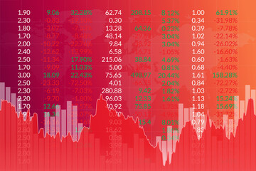 Red finance background with columns, lines, numbers, world map