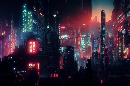 Concept Art Illustration Of Cityscape Of Asian Cyberpunk City At Night