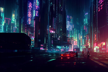 Concept art illustration of cityscape of asian cyberpunk city at night