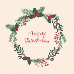 New Year's wreath with the words Merry Christmas, decorated with branches, red berries and leaves. Vector