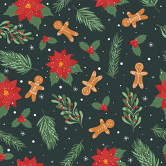 Seamless Christmas pattern with tree branches, gingerbread man, Christmas star. Vector for printing, packaging, wrapping paper