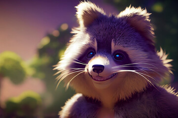 Obraz premium Smiling portrait of a cute fluffy cartoon racoon, illustration