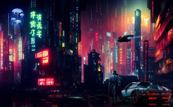 Concept Art Illustration Of Cityscape Of Asian Cyberpunk City At Night