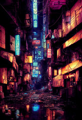 Fototapeta na wymiar Concept art illustration of narrow alley in cyberpunk city