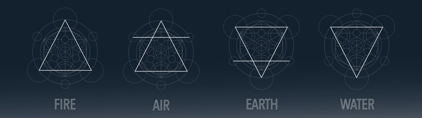 The four elements icons, line, triangle and round symbols set template. Hand drawing occult vector of water, earth, fire, air. Pictograph. Colorful Alchemy symbols isolated on dark background.
