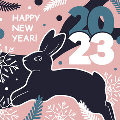 Square card with a rabbit and the inscription Happy New Year 2023. Vector trendy modern flat illustration.