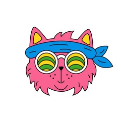 A cat with hippie glasses. A kitten in retro style. Sticker for children, animal logo, icon