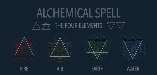 The four elements icons, line, triangle and round symbols set template. Hand drawing occult vector of water, earth, fire, air. Pictograph. Colorful Alchemy symbols isolated on dark background.