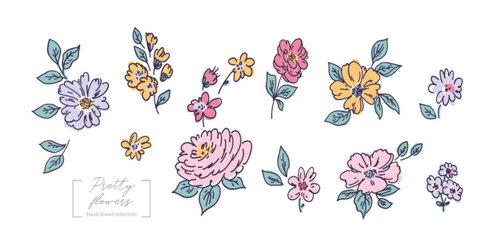Beautiful vector cute abstract flowers collection in childish style. Simple pretty flowers with leaves. Modern style for creating cards, decor, textile, invitation, posters, packaging