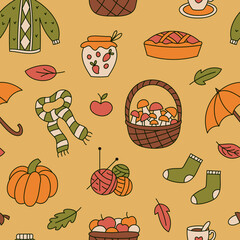 Autumn color doodle seamless pattern.