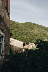 Fototapeta na wymiar Corfu, Greece. view of a mountain with green trees growing on it. Brown house