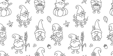 Thanksgiving day seamless pattern. Cute autumn gnomes. Outline vector illustration.