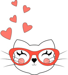 A cat with red glasses on a background of hearts.