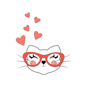 A cat with red glasses on a background of hearts.