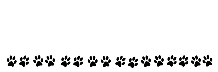 Banner de de huellas de pata de gato o perro sobre un fondo blanco liso y aislado. Vista superior y de cerca. Copy space