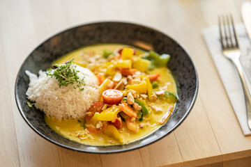 vegan vegetable curry with rice - obrazy, fototapety, plakaty