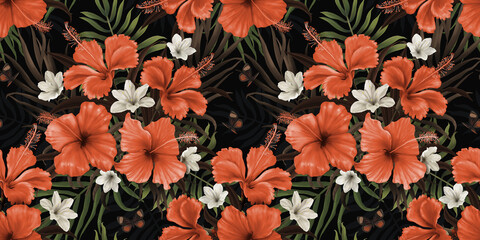 Seamless tropical wallpaper with flowers, leaves, butterflies. Floral pattern with hibiscus. Dark vintage botanical background. Premium 3d illustration. Luxury design for wallpaper, paper, clothing.
