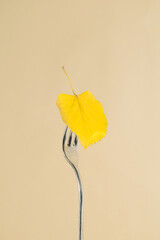 Autumn yellow leaf on a fork. Healthy fall meal. Holidays events in October. Healthy eating concept design idea. Organic food