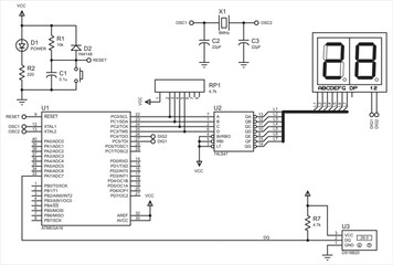 Vector electrical schematic diagram of the temperature meter working
 under microcontroller control. The result of the temperature
measurement is displayed on a seven-segment two-digit indicator