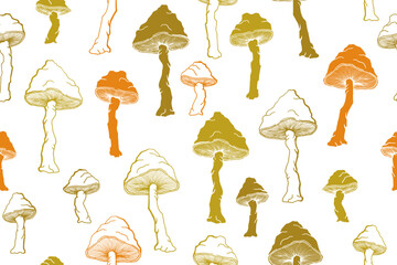 Amanita choky inedible mushrooms seamless pattern vector illustration.