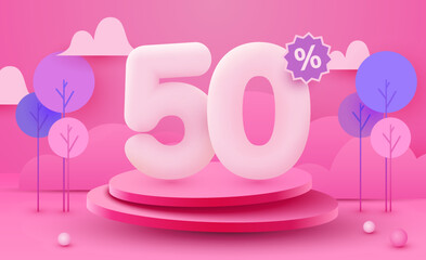 50 percent Off. Discount creative composition. 3d sale symbol with decorative objects and podium. Sale banner and poster.