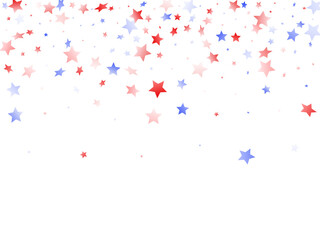Flying red blue white star sparkles on white vector american patriotic background.