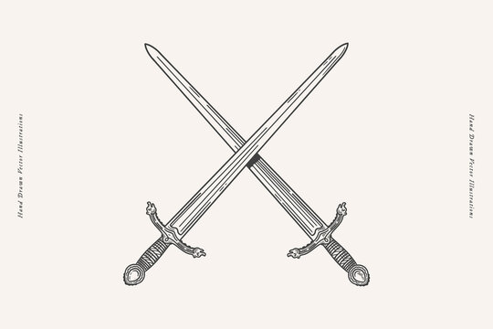 Two crossed knight swords with a long blade in engraving style. Ancient medieval warrior weapons on a light background. Vintage vector illustration.
