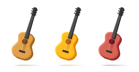 Guitar 3d icon set isolated on white background. Classic guitar wooden in different colors