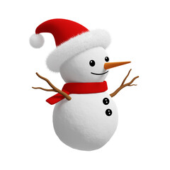 3D rendering cute snowman with red hat and scarf isolated on background.