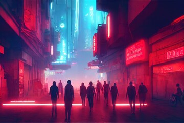 Atmospheric red cyberpunk streets of the city of the future - obrazy, fototapety, plakaty