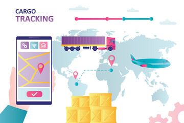 Obraz premium Cargo tracking, businessman holds smartphone and tracks movement of goods on world map. Transportation of goods by air and freight transport. Logistics technology, online tracking application.
