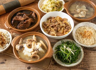 Assortment of Bitter Gourd Chicken soup, nourishing soup, water lotus, Grilled Beef Rice Bowl, clam...