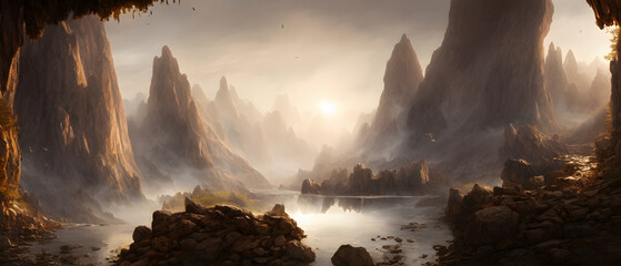 Artistic concept illustration of a rocky landscape, background illustration.