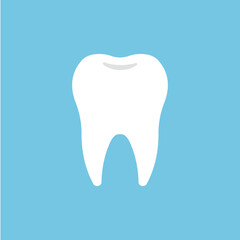 White tooth icon on a blue background. Flat icon.