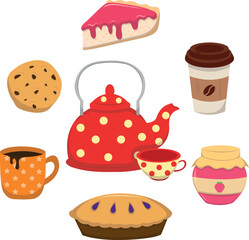 Vector set of tea, coffee hot chocolate and sweets on a white background